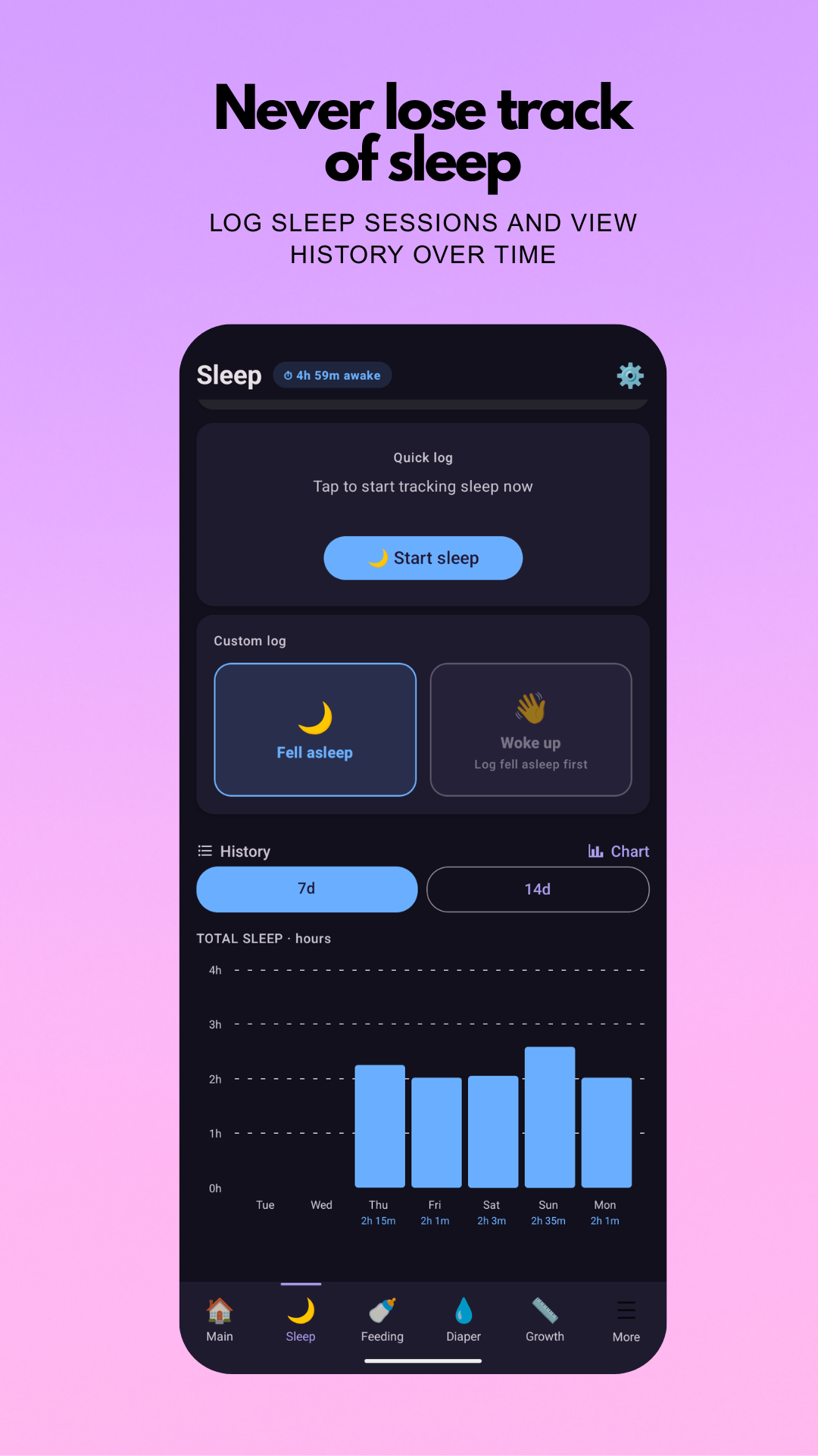 Sleep tracking with live timer and weekly history