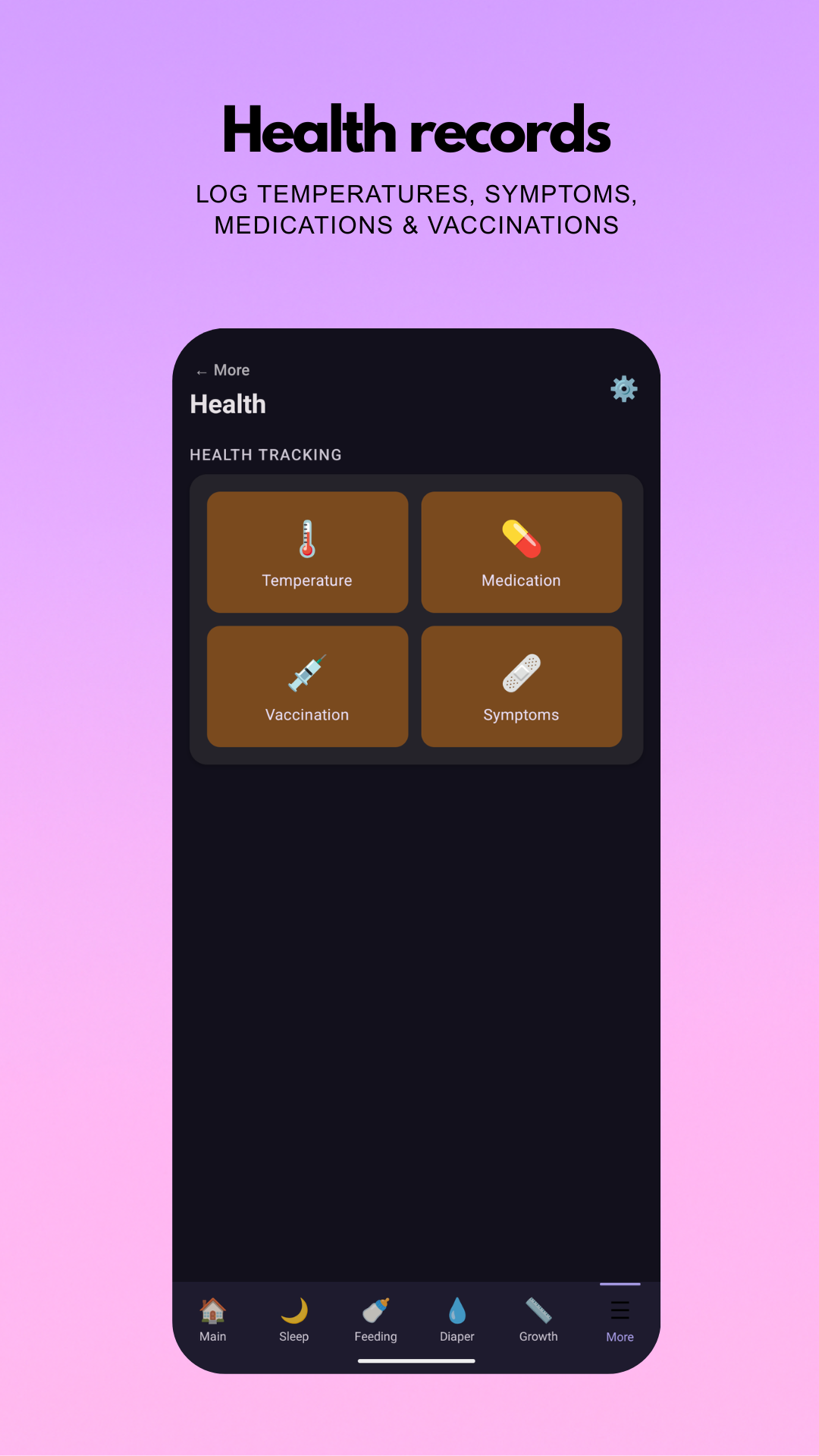Health records for temperature, medications and vaccinations