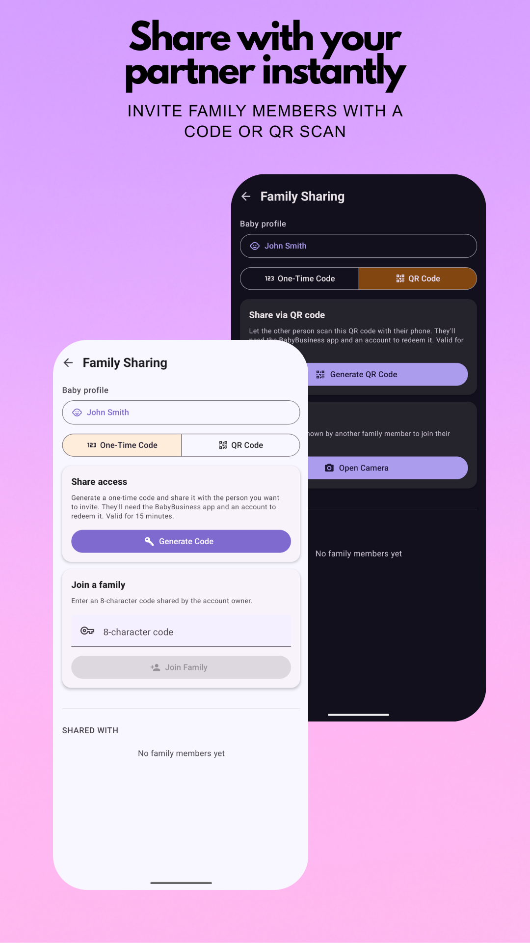 Family sharing via one-time code or QR scan